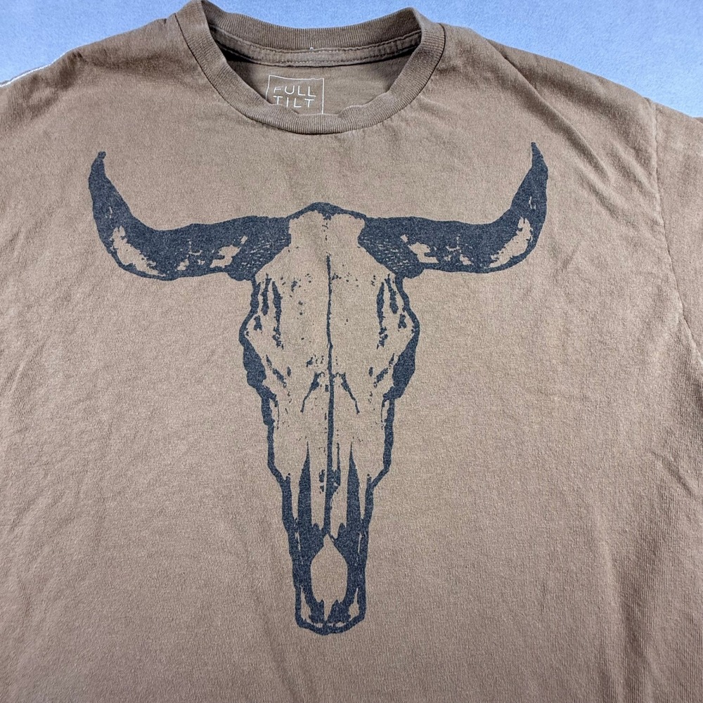 Full Tilt Womens Brown Steer Skull Graphic Tee Short Sleeve Cotton T-Shirt Small